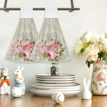Vintage Pink Rose Flowers Hanging Kitchen Towels 2 Pieces Hand Towel Loop Dish Cloth Tie Towels Tea Bar Towels for Bathroom Farmhouse Housewarming Tabletop Home