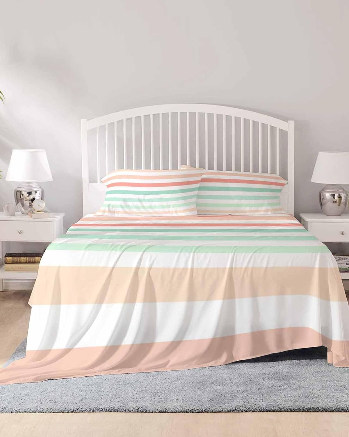Peach Pink Green Ombre King Size Bed Sheets, Breathable Cooling Sheets with Deep Pocket, Farmhouse Stripe Modern Soft Flat Sheet, Fitted Sheet & Pillowcases, 4 Piece Wrinkleproof Bedding+Sheets