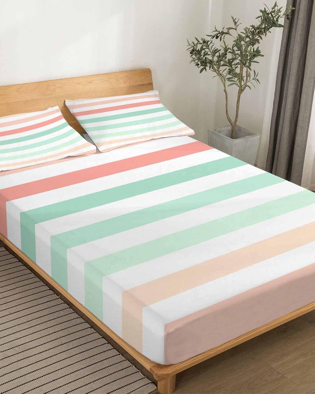 Peach Pink Green Ombre King Size Bed Sheets, Breathable Cooling Sheets with Deep Pocket, Farmhouse Stripe Modern Soft Flat Sheet, Fitted Sheet & Pillowcases, 4 Piece Wrinkleproof Bedding+Sheets