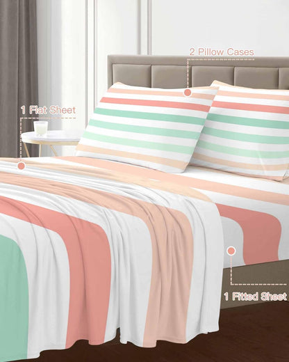 Peach Pink Green Ombre King Size Bed Sheets, Breathable Cooling Sheets with Deep Pocket, Farmhouse Stripe Modern Soft Flat Sheet, Fitted Sheet & Pillowcases, 4 Piece Wrinkleproof Bedding+Sheets