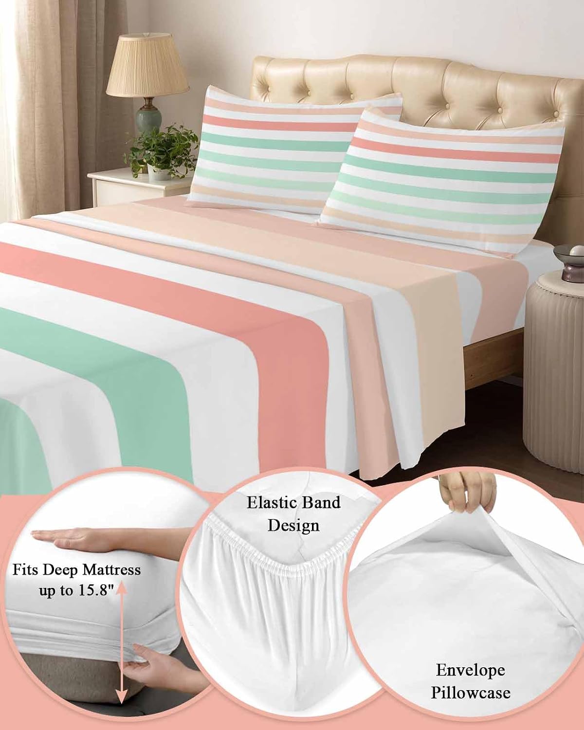 Peach Pink Green Ombre King Size Bed Sheets, Breathable Cooling Sheets with Deep Pocket, Farmhouse Stripe Modern Soft Flat Sheet, Fitted Sheet & Pillowcases, 4 Piece Wrinkleproof Bedding+Sheets