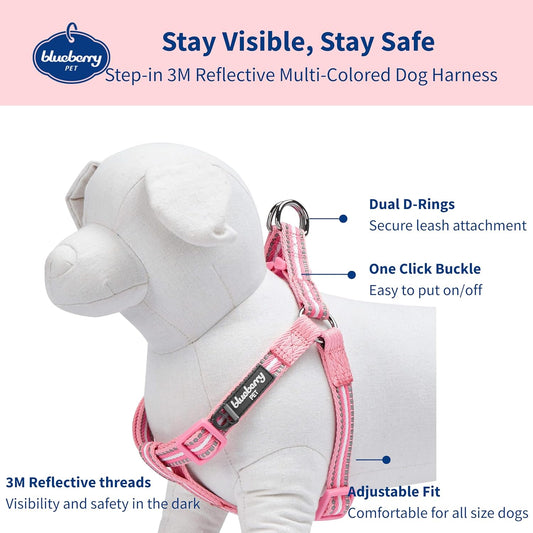 5 Colors Step-in 3M Reflective Multi-Colored Stripe Padded Dog Harness, Chest Girth 16.5" - 21.5", Pink & White, Small, Adjustable Harnesses for Dogs