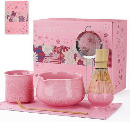 ZENS Premium Matcha Whisk Set with Blooming Cup, 7pcs Matcha Set, Pink