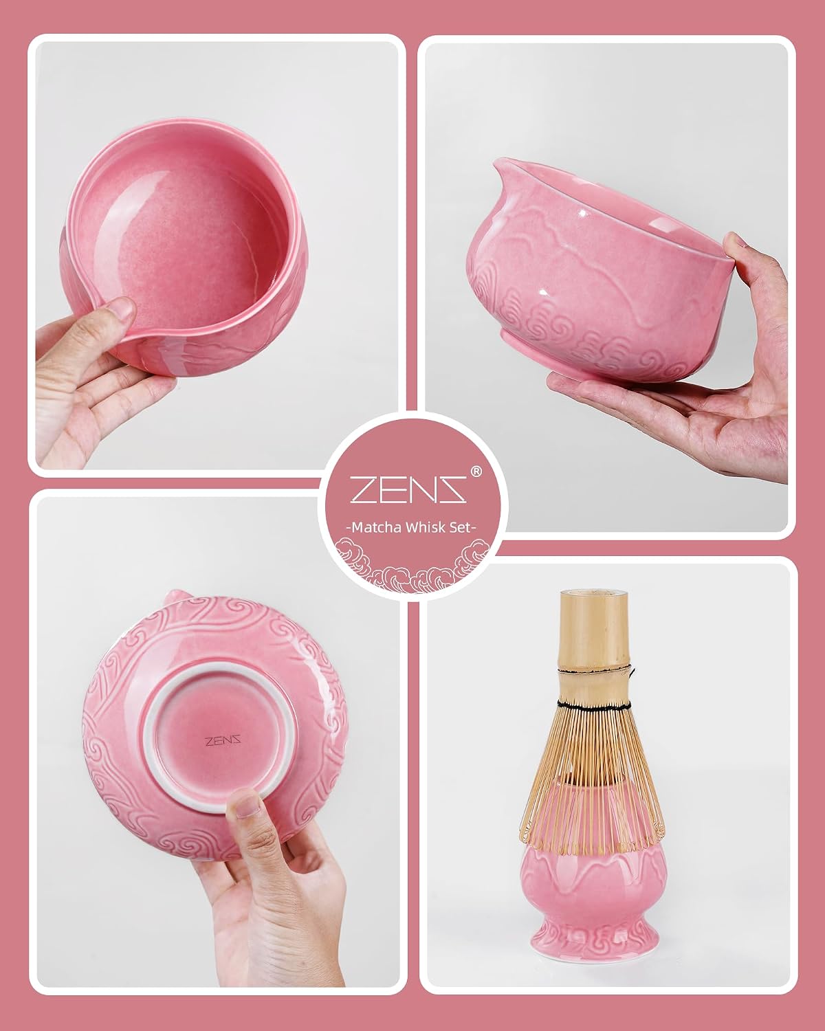 ZENS Premium Matcha Whisk Set with Blooming Cup, 7pcs Matcha Set, Pink