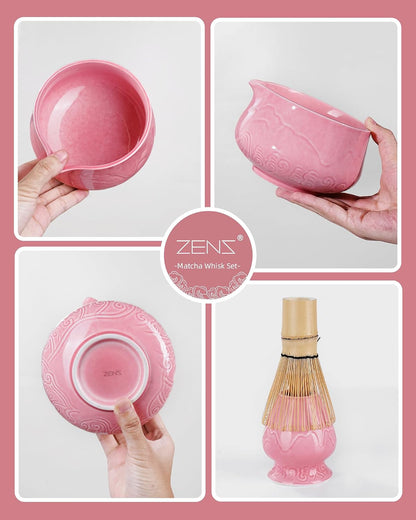 ZENS Premium Matcha Whisk Set with Blooming Cup, 7pcs Matcha Set, Pink