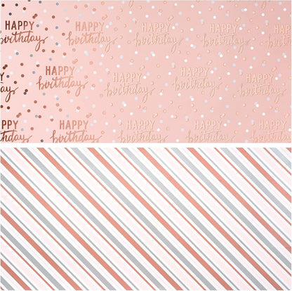 Reversible Pink Birthday Wrapping Paper Roll for Girls Women, Happy Birthday Lettering & Stripe Pattern with Metallic Foil in Pink, Mini Roll, 17 inches x 9.8 Feet