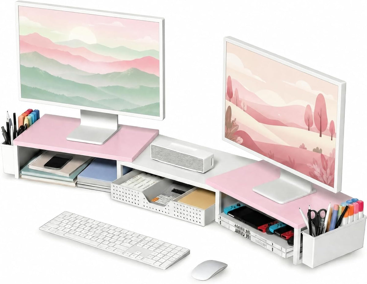 Desk Organizers and Accessories, Dual Monitor Stand Riser with Drawer and 2 Pen Holders, Desk Shelf Printer Stand for Office Workspace Organizers, Desktop Organization (Pink-White)