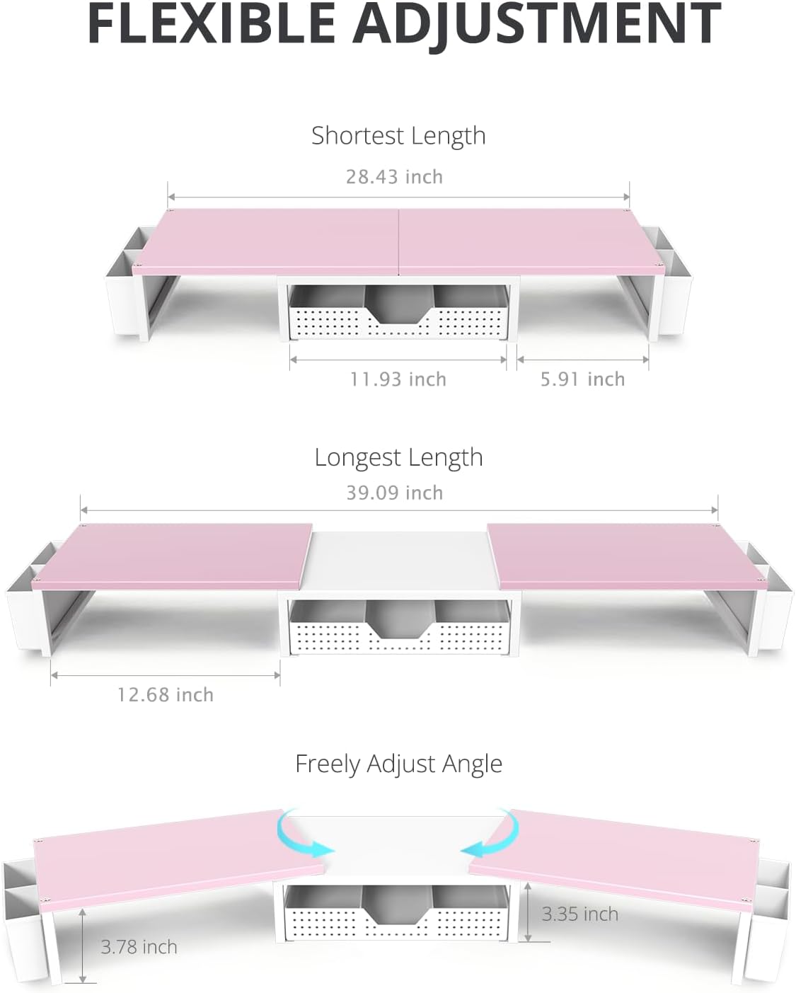 Desk Organizers and Accessories, Dual Monitor Stand Riser with Drawer and 2 Pen Holders, Desk Shelf Printer Stand for Office Workspace Organizers, Desktop Organization (Pink-White)