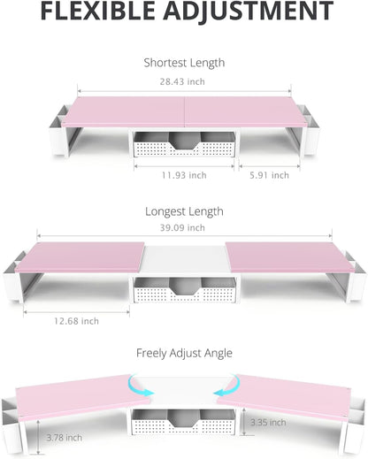 Desk Organizers and Accessories, Dual Monitor Stand Riser with Drawer and 2 Pen Holders, Desk Shelf Printer Stand for Office Workspace Organizers, Desktop Organization (Pink-White)