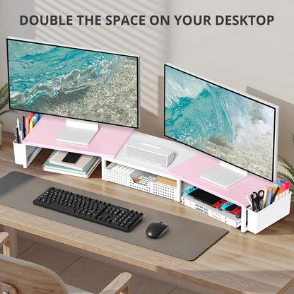 Desk Organizers and Accessories, Dual Monitor Stand Riser with Drawer and 2 Pen Holders, Desk Shelf Printer Stand for Office Workspace Organizers, Desktop Organization (Pink-White)