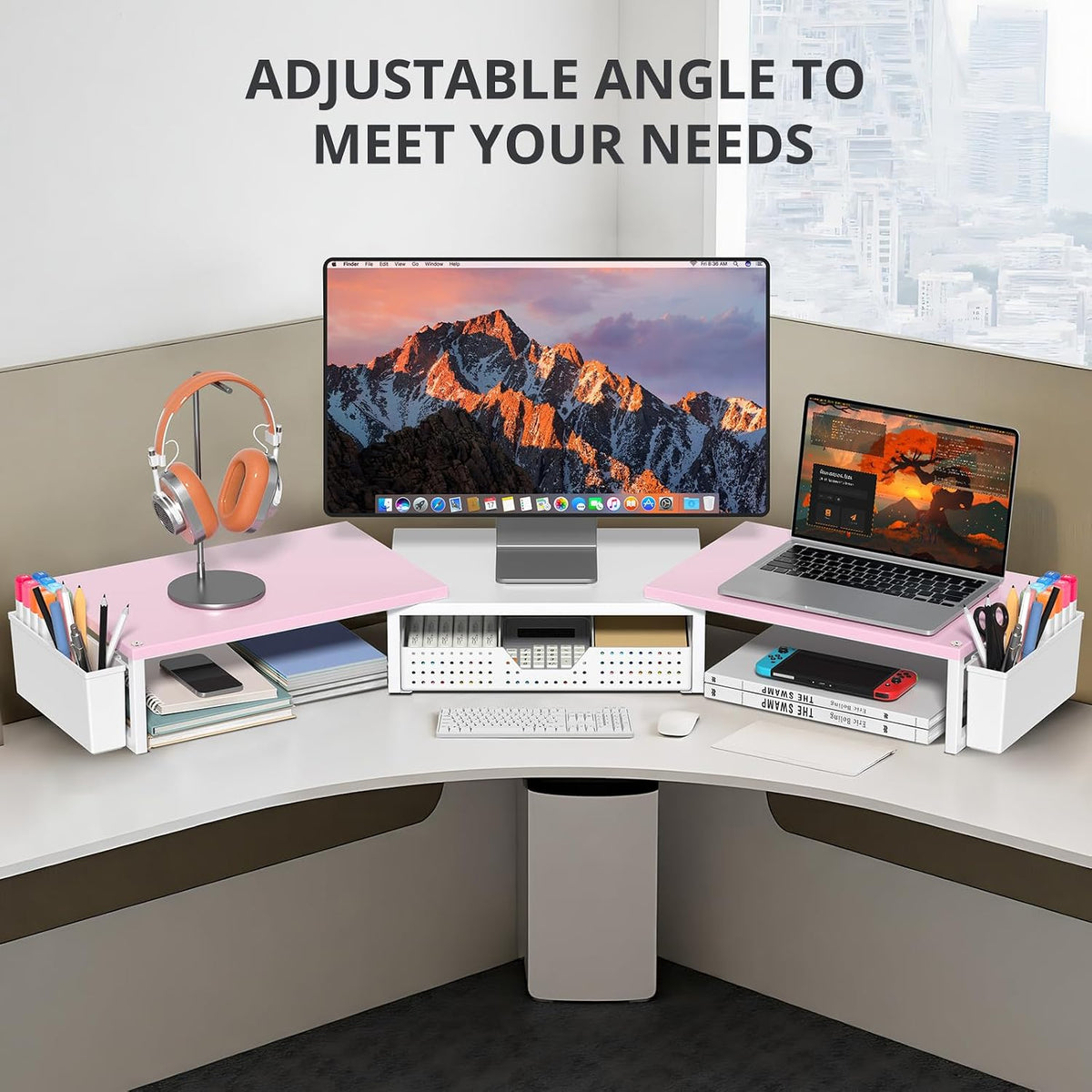Desk Organizers and Accessories, Dual Monitor Stand Riser with Drawer and 2 Pen Holders, Desk Shelf Printer Stand for Office Workspace Organizers, Desktop Organization (Pink-White)