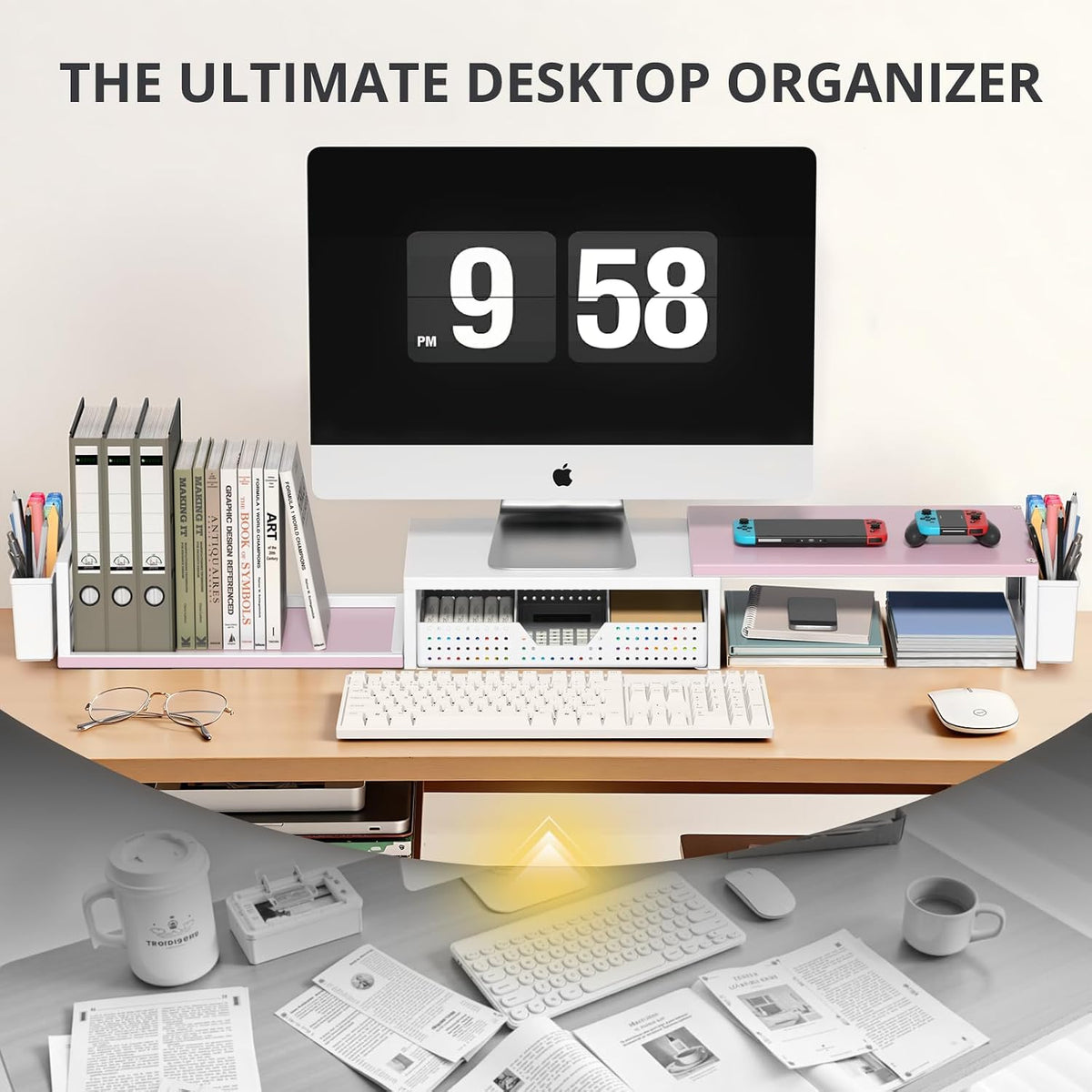 Desk Organizers and Accessories, Dual Monitor Stand Riser with Drawer and 2 Pen Holders, Desk Shelf Printer Stand for Office Workspace Organizers, Desktop Organization (Pink-White)