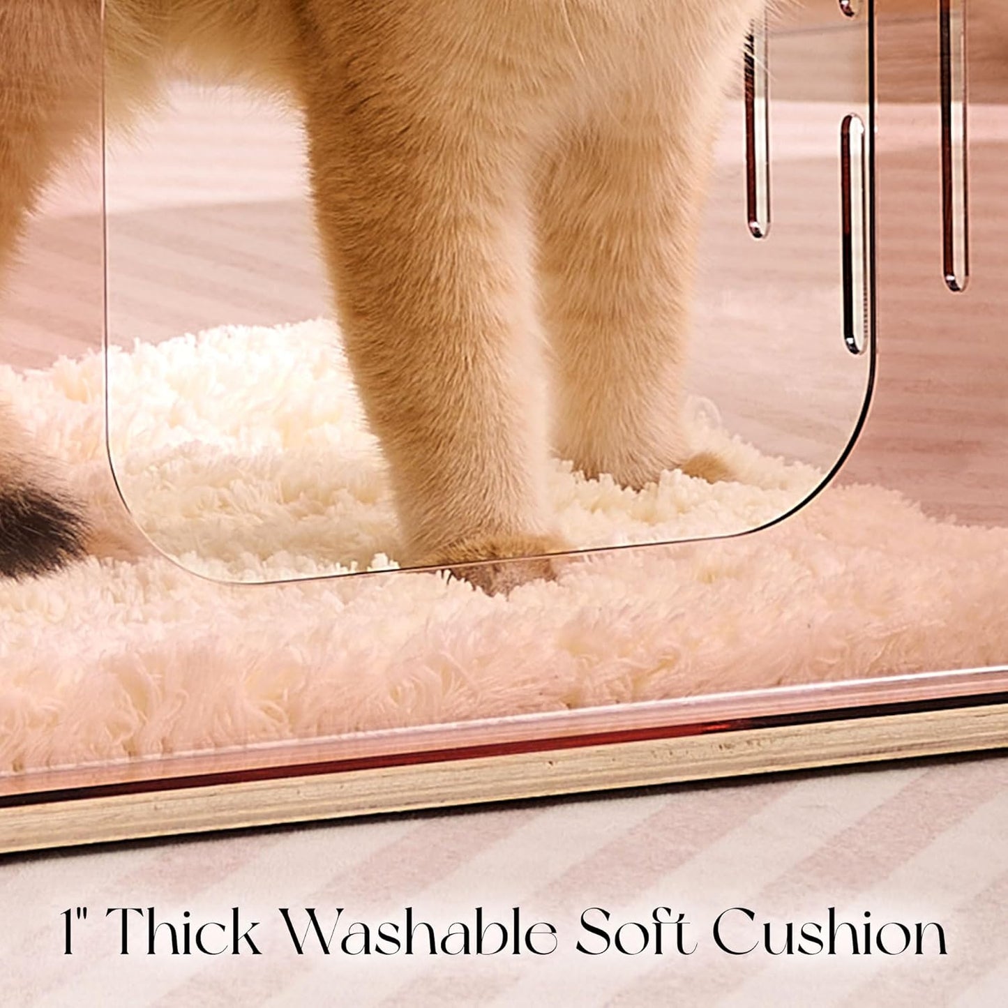 Acrylic Cat House for Indoor Cats, Transparent Cat Bed Cave with Plush Cushion & Hanging Toys, Modern Ventilated Cat Condo with Sturdy Wooden Base for Adult Cats & Kittens up to 15 lbs, Pink