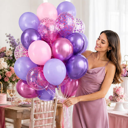 Pink and Purple Balloons, 50PCS 12 Inch Confetti Balloons, Metallic Purple Pink Latex Balloons with Ribbon, Party Balloons for Birthday Shower Wedding Party Decorations