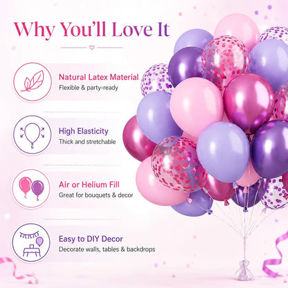 Pink and Purple Balloons, 50PCS 12 Inch Confetti Balloons, Metallic Purple Pink Latex Balloons with Ribbon, Party Balloons for Birthday Shower Wedding Party Decorations