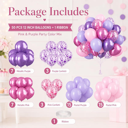 Pink and Purple Balloons, 50PCS 12 Inch Confetti Balloons, Metallic Purple Pink Latex Balloons with Ribbon, Party Balloons for Birthday Shower Wedding Party Decorations