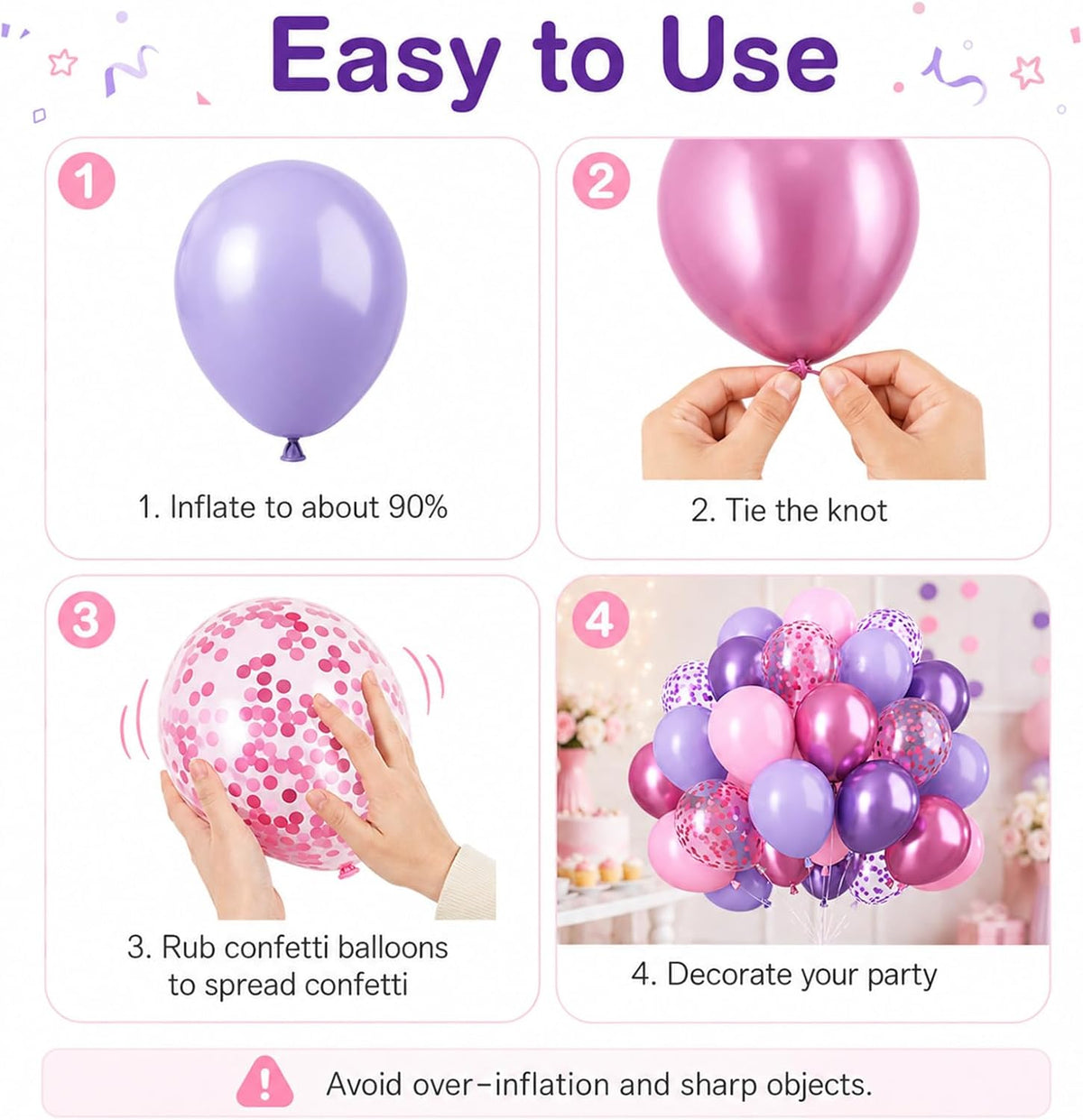 Pink and Purple Balloons, 50PCS 12 Inch Confetti Balloons, Metallic Purple Pink Latex Balloons with Ribbon, Party Balloons for Birthday Shower Wedding Party Decorations
