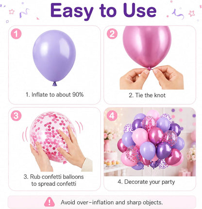 Pink and Purple Balloons, 50PCS 12 Inch Confetti Balloons, Metallic Purple Pink Latex Balloons with Ribbon, Party Balloons for Birthday Shower Wedding Party Decorations