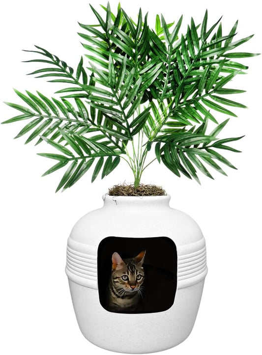 Good Pet Stuff Original Hidden Litter Box Planter, Decorative Cat Litter Enclosure, Carbon Filter, Faux Plant, Round Design, Easy to Clean, Base Kit, Palm Plant, Soft White