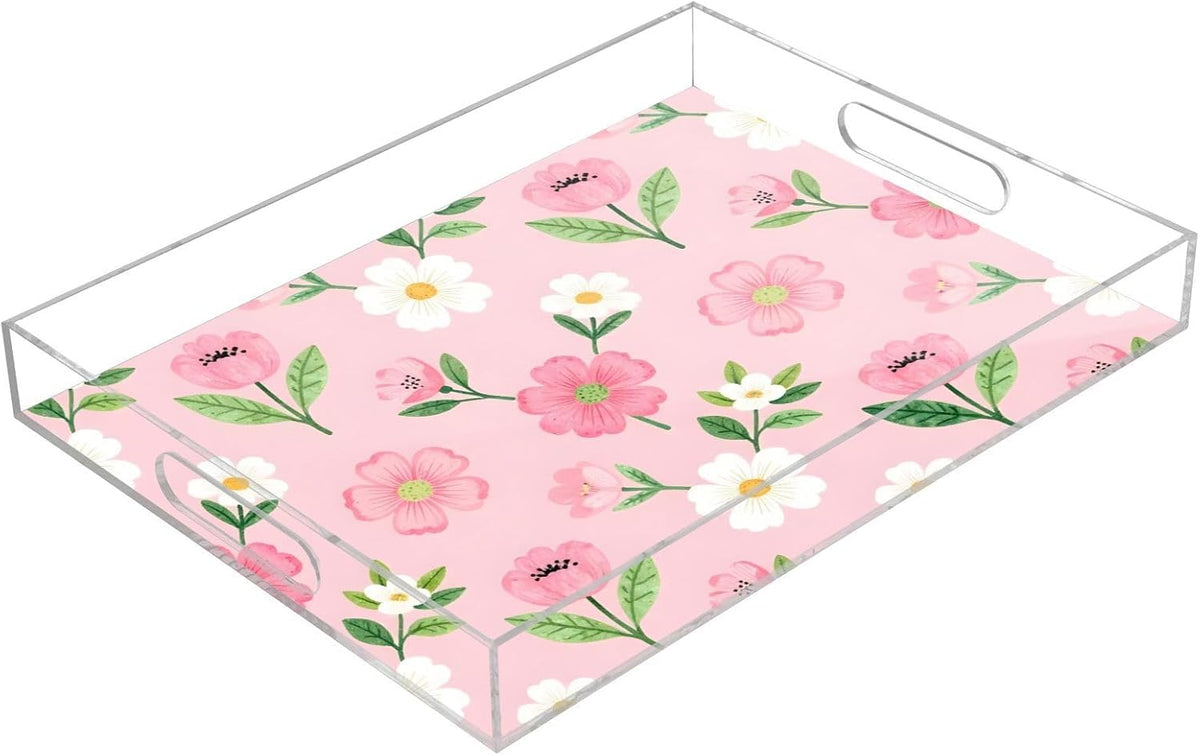 Floral Pink White Serving Tray 12" x 16" Acrylic Trays with Handles Decorative Serving Platter for Coffee, Breakfast in Bed, Dinner, Appetizers, Patio, Party