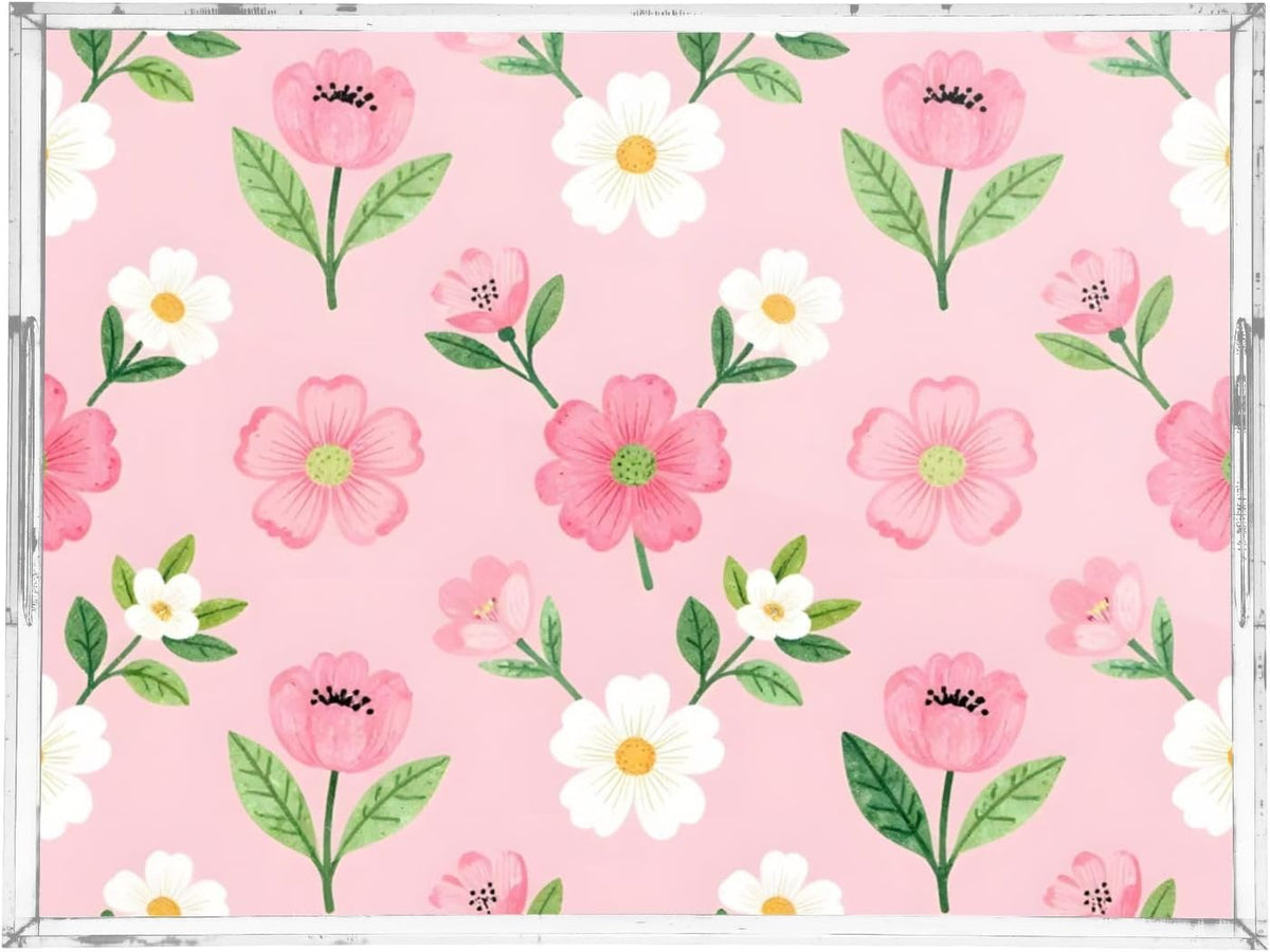 Floral Pink White Serving Tray 12" x 16" Acrylic Trays with Handles Decorative Serving Platter for Coffee, Breakfast in Bed, Dinner, Appetizers, Patio, Party
