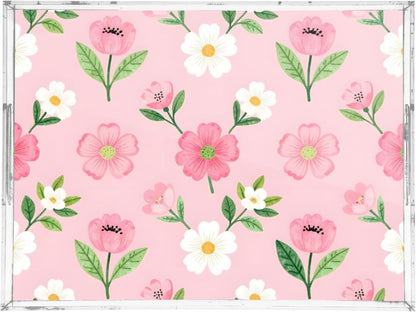 Floral Pink White Serving Tray 12" x 16" Acrylic Trays with Handles Decorative Serving Platter for Coffee, Breakfast in Bed, Dinner, Appetizers, Patio, Party
