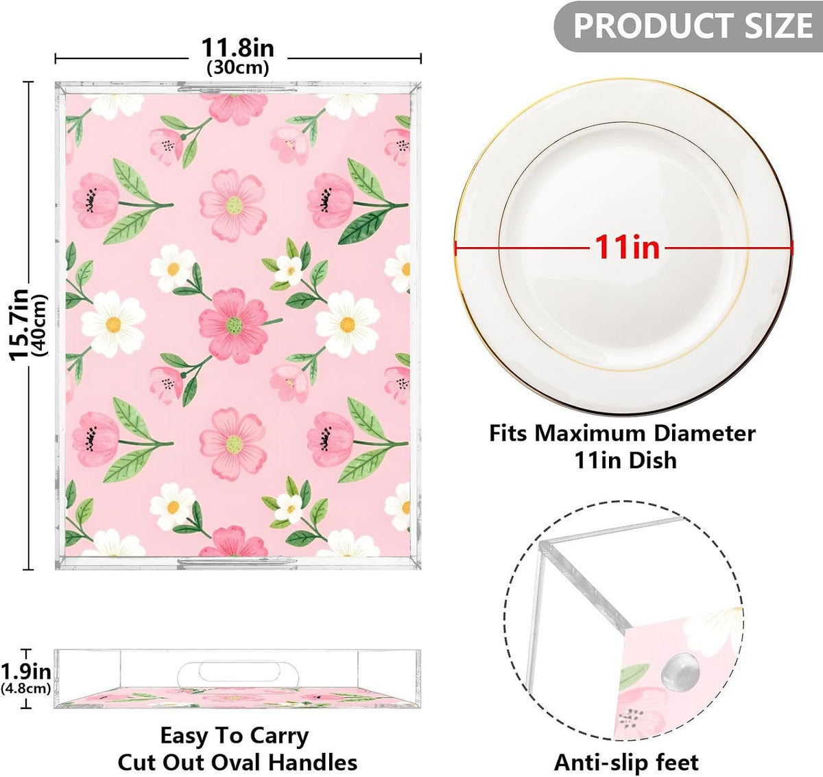 Floral Pink White Serving Tray 12" x 16" Acrylic Trays with Handles Decorative Serving Platter for Coffee, Breakfast in Bed, Dinner, Appetizers, Patio, Party