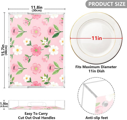 Floral Pink White Serving Tray 12" x 16" Acrylic Trays with Handles Decorative Serving Platter for Coffee, Breakfast in Bed, Dinner, Appetizers, Patio, Party