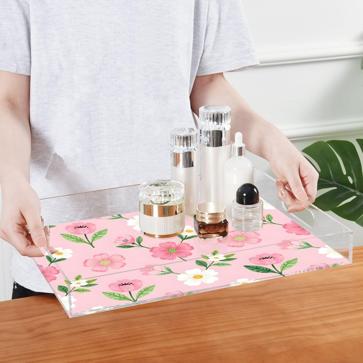 Floral Pink White Serving Tray 12" x 16" Acrylic Trays with Handles Decorative Serving Platter for Coffee, Breakfast in Bed, Dinner, Appetizers, Patio, Party