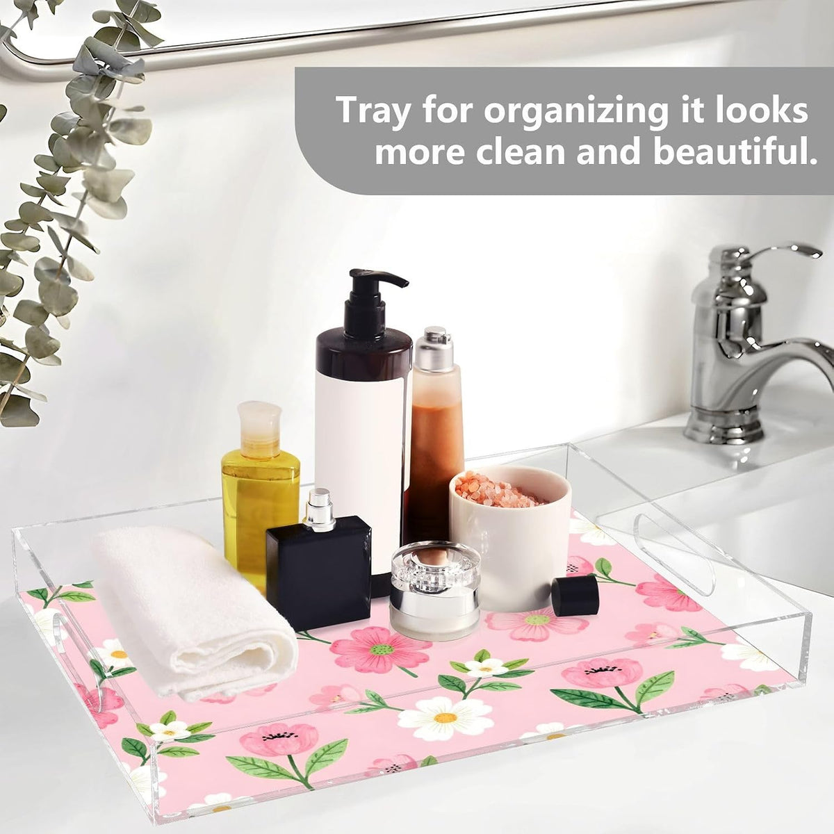 Floral Pink White Serving Tray 12" x 16" Acrylic Trays with Handles Decorative Serving Platter for Coffee, Breakfast in Bed, Dinner, Appetizers, Patio, Party