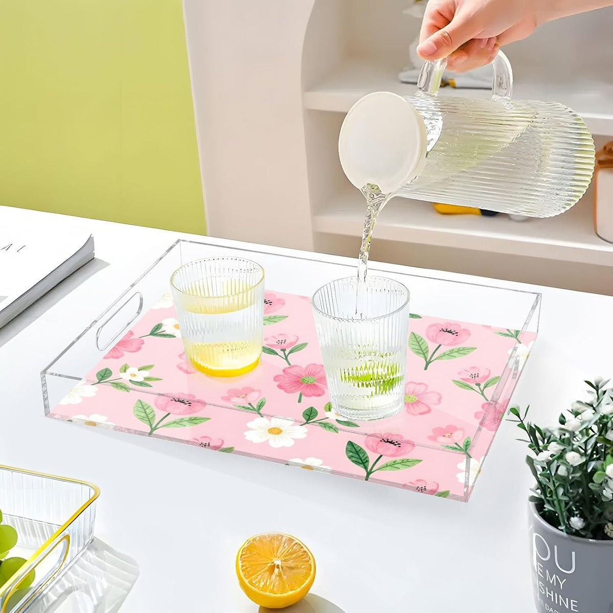 Floral Pink White Serving Tray 12" x 16" Acrylic Trays with Handles Decorative Serving Platter for Coffee, Breakfast in Bed, Dinner, Appetizers, Patio, Party