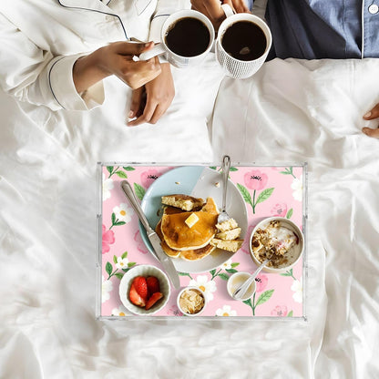 Floral Pink White Serving Tray 12" x 16" Acrylic Trays with Handles Decorative Serving Platter for Coffee, Breakfast in Bed, Dinner, Appetizers, Patio, Party
