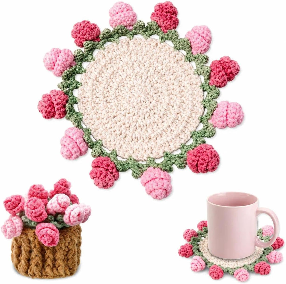 Handmade Rose Crochet Flower Coaster Set with Storage Basket