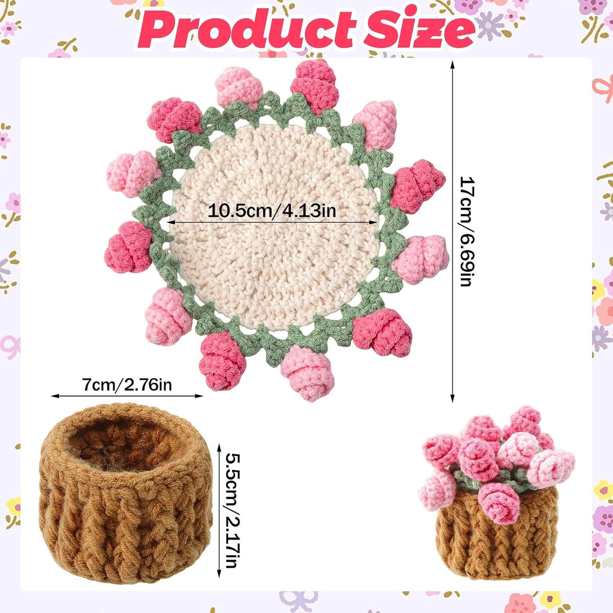 Handmade Rose Crochet Flower Coaster Set with Storage Basket