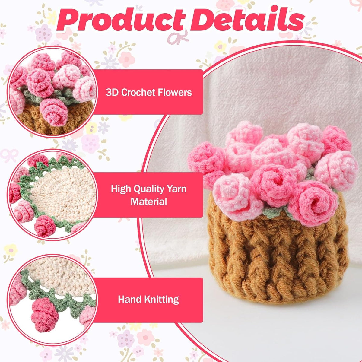 Handmade Rose Crochet Flower Coaster Set with Storage Basket
