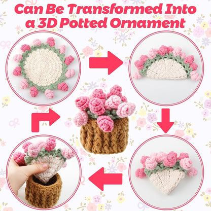 Handmade Rose Crochet Flower Coaster Set with Storage Basket