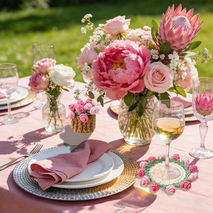Handmade Rose Crochet Flower Coaster Set with Storage Basket