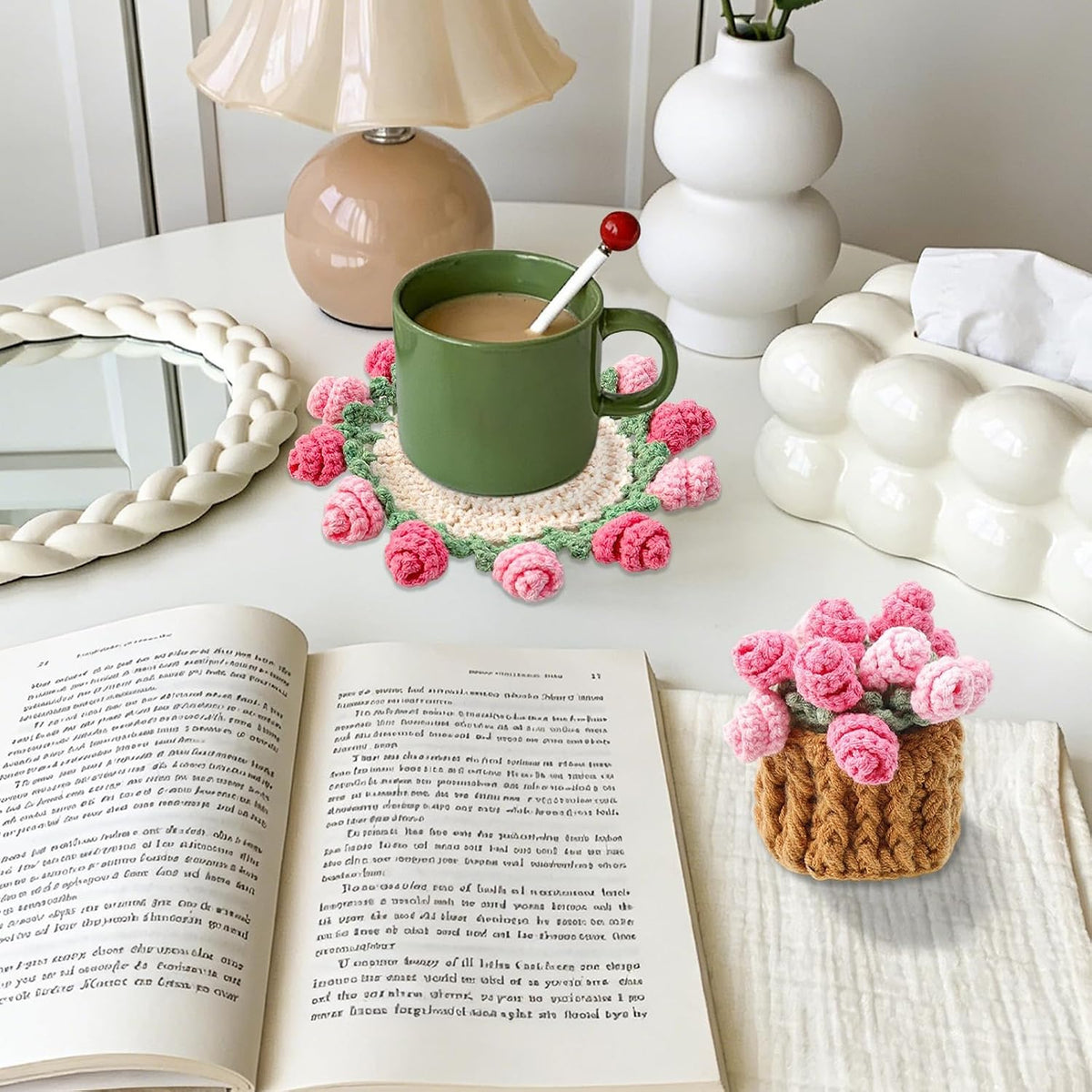Handmade Rose Crochet Flower Coaster Set with Storage Basket