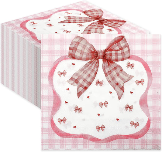 100 Pack Bow Napkins, Pink Bow Napkins Disposable, Pink Bow Cocktail Napkins for Girls Birthday, Baby Shower, Bridal Shower, Bachelorette, and Tea Party Decorations,6.5x6.5 inch,Type 5