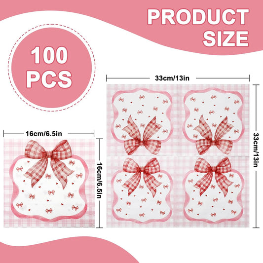 100 Pack Bow Napkins, Pink Bow Napkins Disposable, Pink Bow Cocktail Napkins for Girls Birthday, Baby Shower, Bridal Shower, Bachelorette, and Tea Party Decorations,6.5x6.5 inch,Type 5