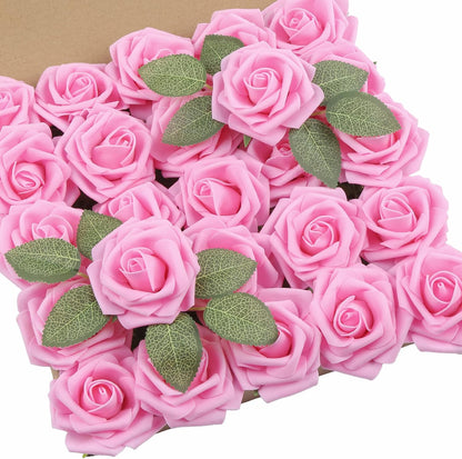25Pcs Artificial Flowers Foam Roses Fake Roses with Stems Pink