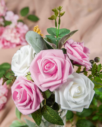 25Pcs Artificial Flowers Foam Roses Fake Roses with Stems Pink