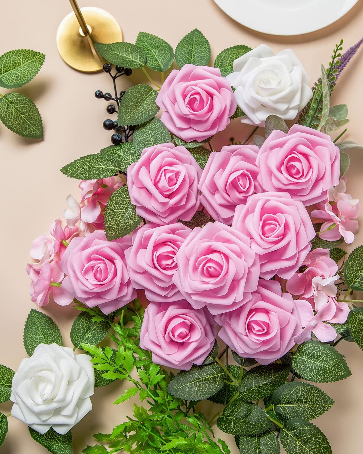 25Pcs Artificial Flowers Foam Roses Fake Roses with Stems Pink