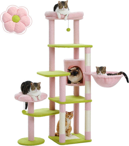 Flower Cat Tree for Indoor Cats, 59" Multi-Level Cat Tower with Condo