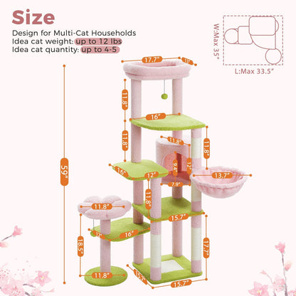 Flower Cat Tree for Indoor Cats, 59" Multi-Level Cat Tower with Condo