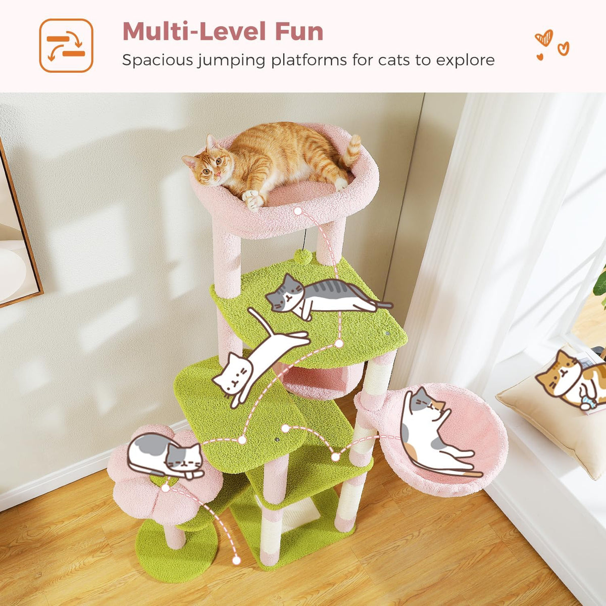 Flower Cat Tree for Indoor Cats, 59" Multi-Level Cat Tower with Condo