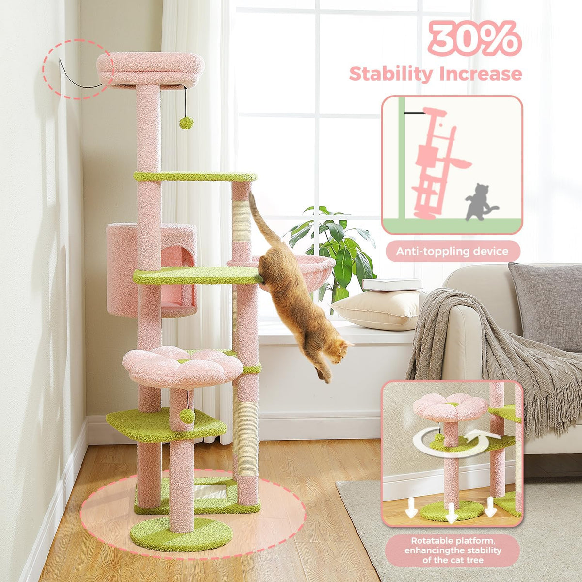Flower Cat Tree for Indoor Cats, 59" Multi-Level Cat Tower with Condo