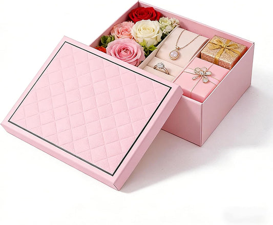 Pink Gift Box with Lids, 9.84" x 7.09" x 3.35" Large Gift Box for Presents, Complete Set with Luxury Filler, Card, Ribbon, Sticker, Ideal for Valentine's Day, Mother's Day, Birthday