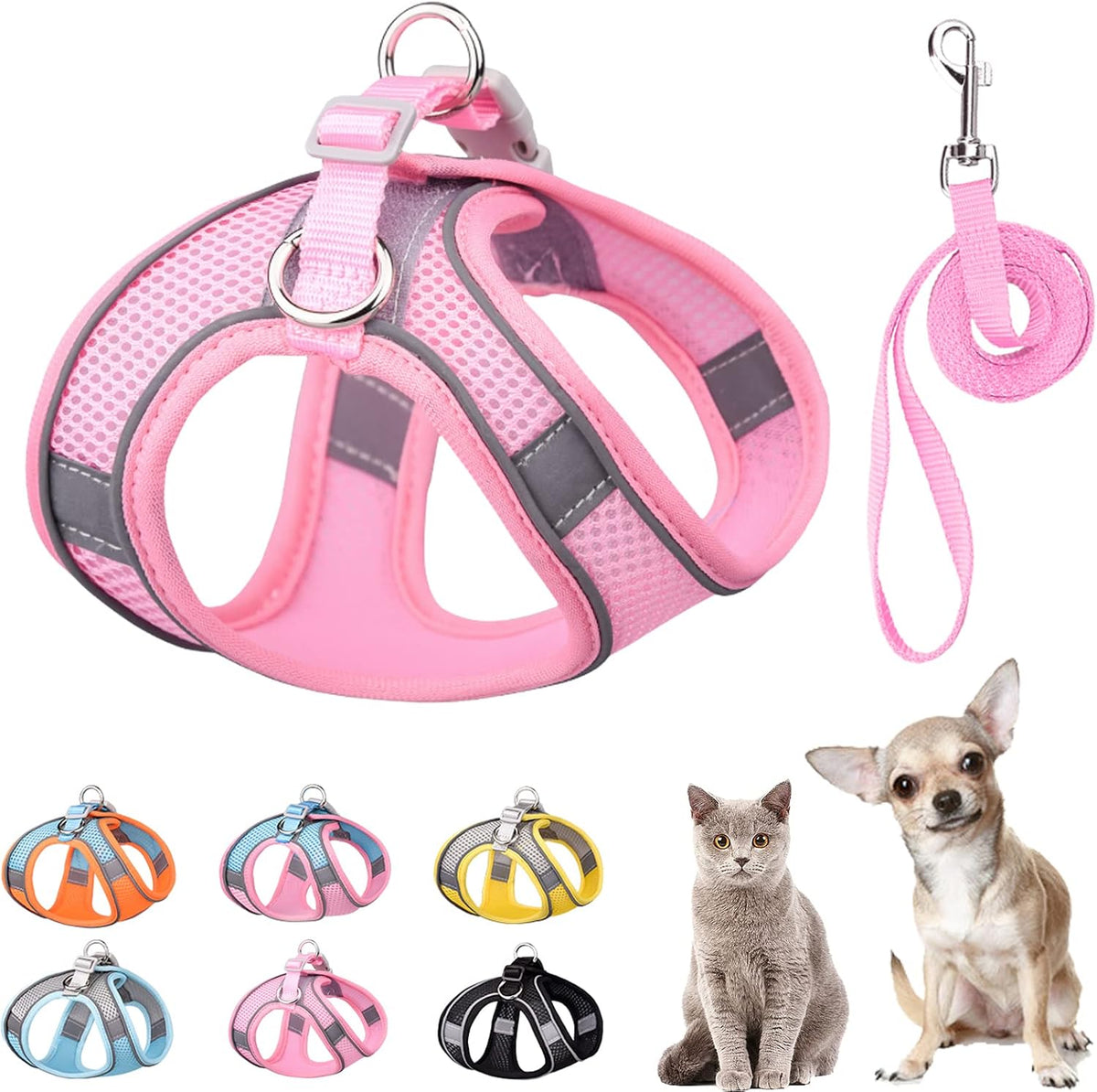 Soft Small Dog Harness and Leash Set Mesh Puppy Harnesses Leash Easy Walk Dog Harness Vest Adjustable Reflective No Pull Dog Harnesses for Small Dogs Cats (Pink,XXS)