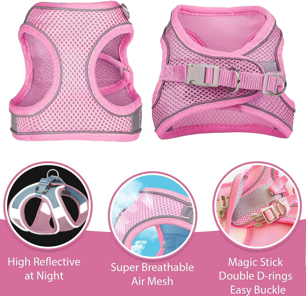 Soft Small Dog Harness and Leash Set Mesh Puppy Harnesses Leash Easy Walk Dog Harness Vest Adjustable Reflective No Pull Dog Harnesses for Small Dogs Cats (Pink,XXS)